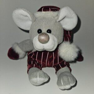 Fine Toy Gray Mouse Plush Burgundy White Striped Outfit Hat Christmas Holiday